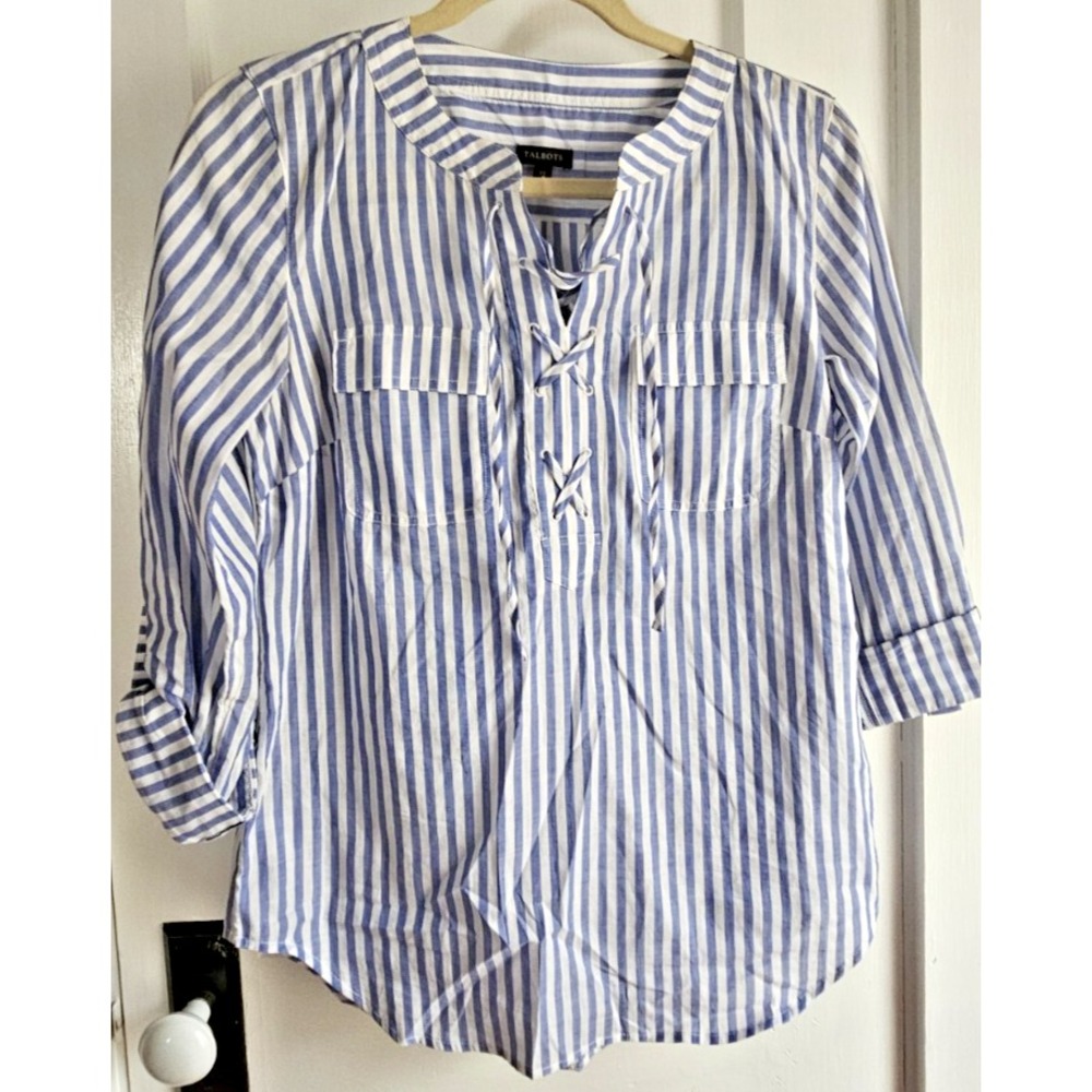 TALBOTS woman Sz‎ XS striped roll tab sleeve crisscross neck light weight thin
